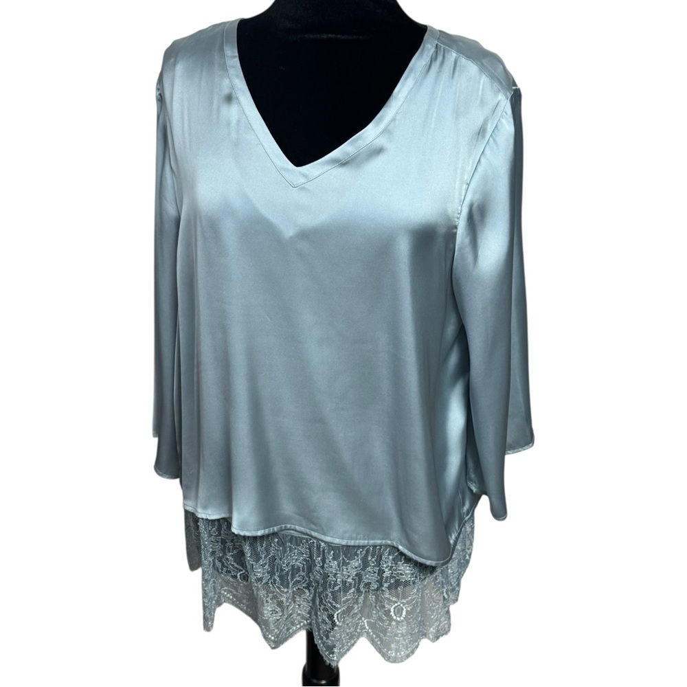 Ruby Ribbon Light Blue Satin Blouse Lace Hem Large